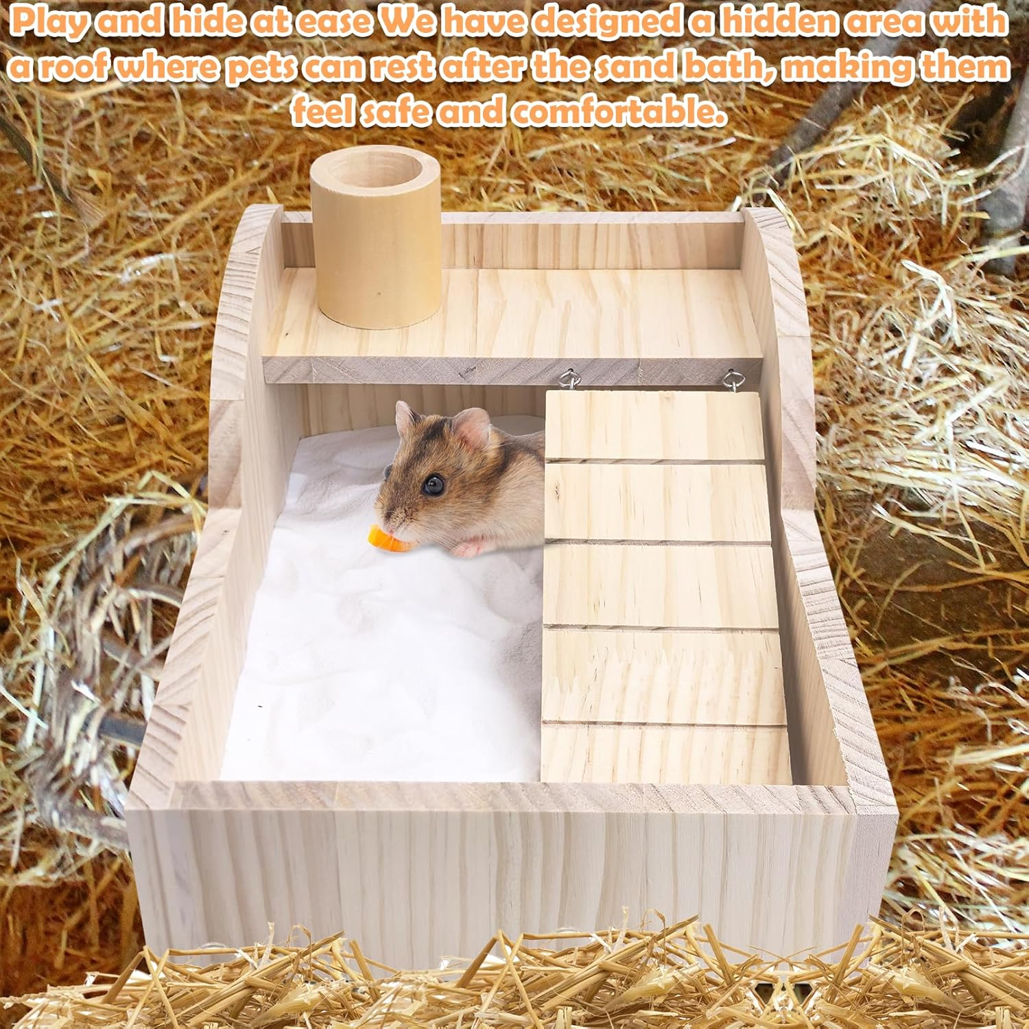PINVNBY Hamster Sand Bath Box Wooden Shower Room Digging Sand Bathtub Container with Climbing Ladder Bowl Bathroom for Dwarf Syrian Mice Mouse Gerbils and Other Small Animals image number 4