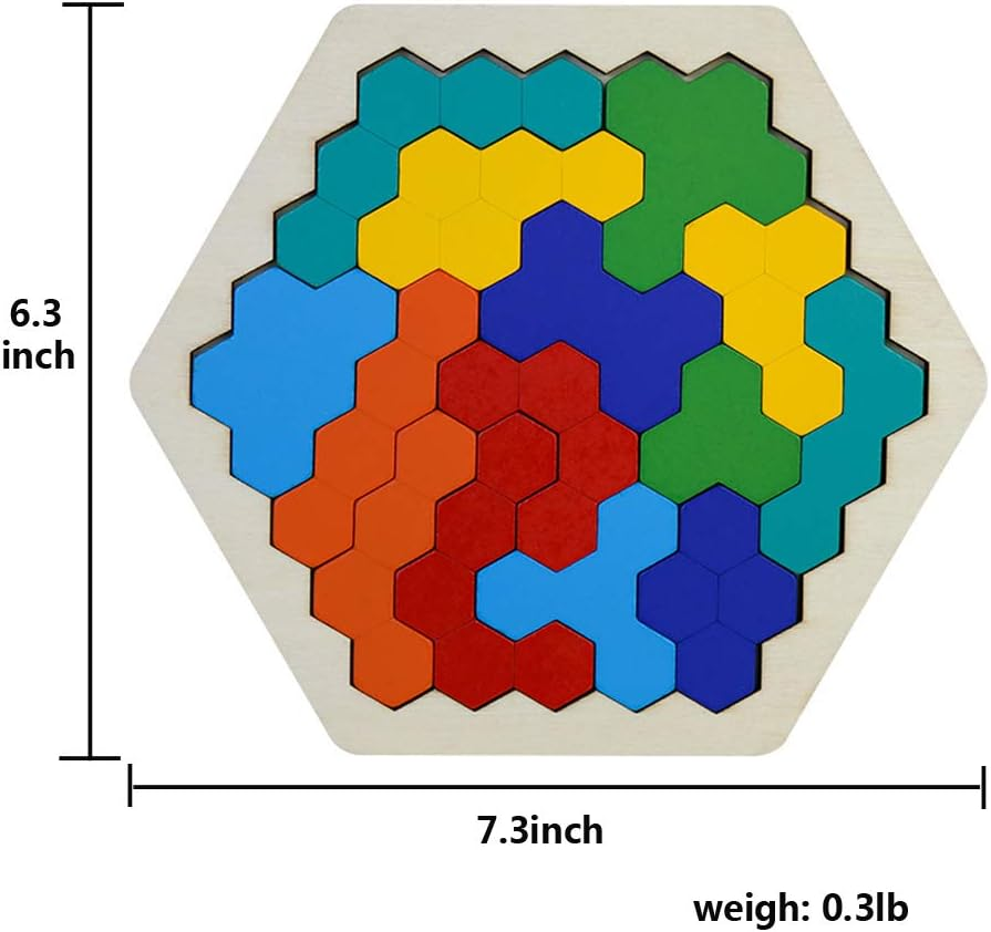 Wooden Brain Teaser Toy for Kids Adults Tangram Jigsaw Intelligence Colorful Hexagon Geometry Logic IQ Game STEM Montessori Educational Toys for All Ages Challenge image number 3