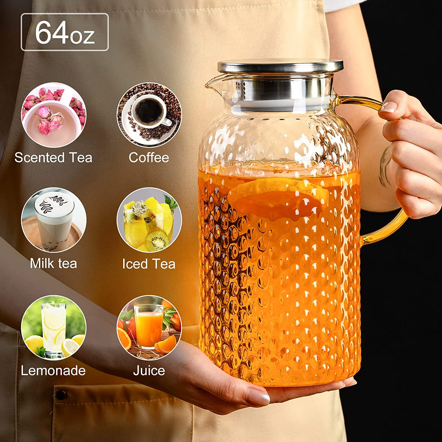 PARACITY Glass Pitcher Squama Designed, Glass Water Pitcher with Lid and Spout, Large Bore Design for Easy Cleaning, for Cold/Hot Drinks, Iced Tea, Juice, Milk (64Oz) image number 4
