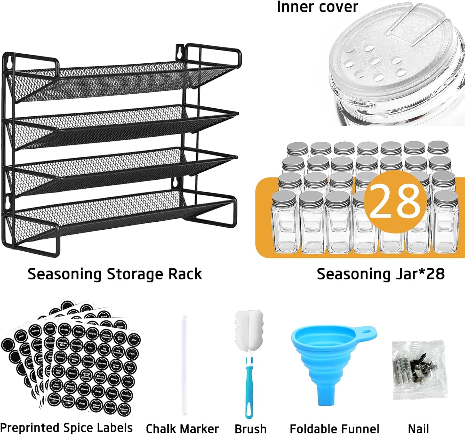 UPAUS Spice Rack Organizer with 28 Spice Jars, 180 Spice Labels, Chalk Marker, Bottle Brush and Funnel Set for Cabinet, Countertop, Pantry, Cupboard or Door & Wall Mount, 4 Tier, 34.5Cm W &times; 26.7Cm H image number 2