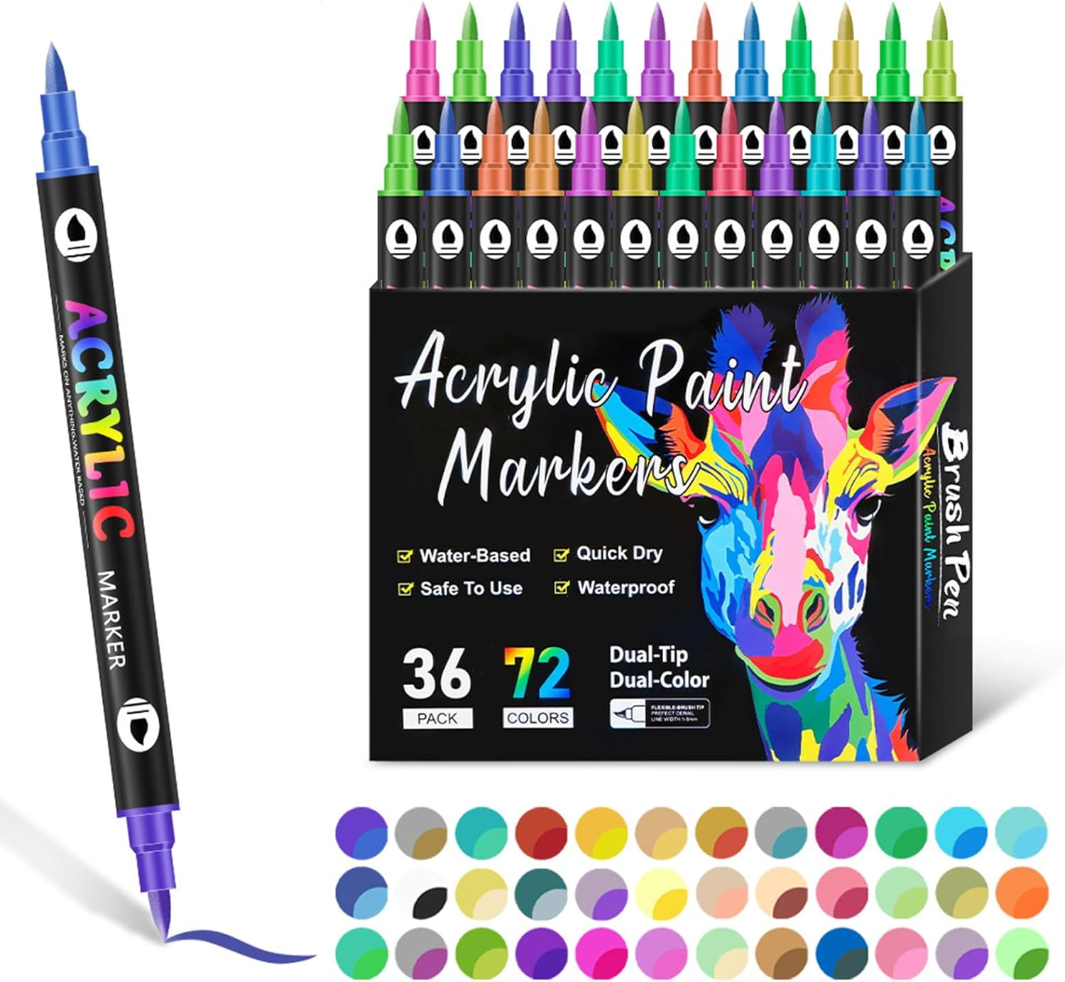 Dual Tip Acrylic Paint Markers, 36 Pens 72 Colors, Water-Based Quick-Dry Opaque Art Markers for Rock Painting, Glass, Wood, Ceramic, DIY Crafts, Scrapbooking, Canvas, Adult Art Supplies, 1Mm/5Mm Tip image number 5