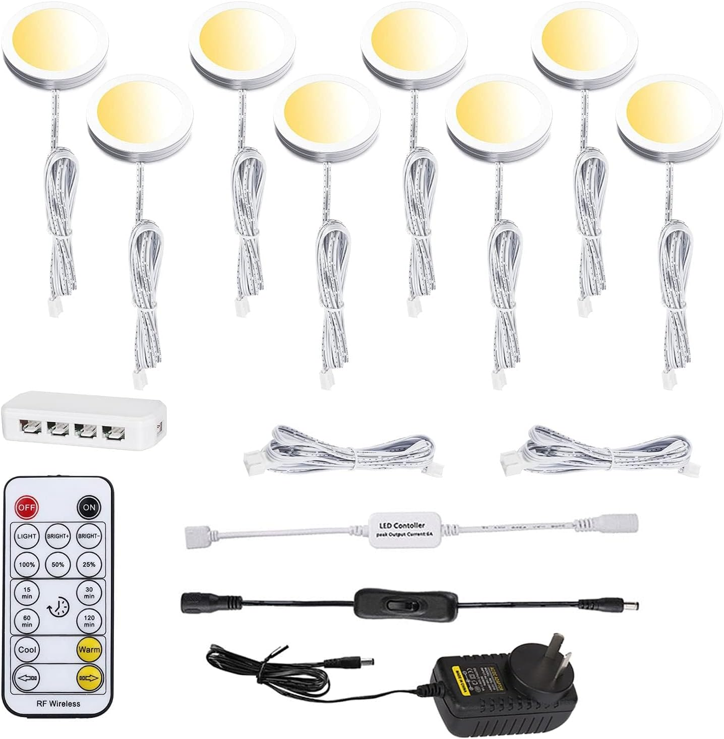 AIBOO LED under Cabinet Puck Lights CCT Light Color Temperature Adjustable Warm+White Double Color with Dimmable RF Remote Controller for Kitchen Shelf Ambiance Display Lighting (8 Lights, 24W) (8) image number 1