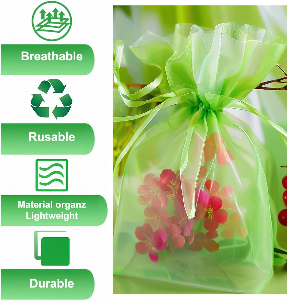 Fruit Protection Bags, 15&times;20Cm，50Pcs, Green，Fruit Cover Net Bags with Drawstring for Grape Apple Mango Peach Protect from Insect Birds Squirrels image number 4