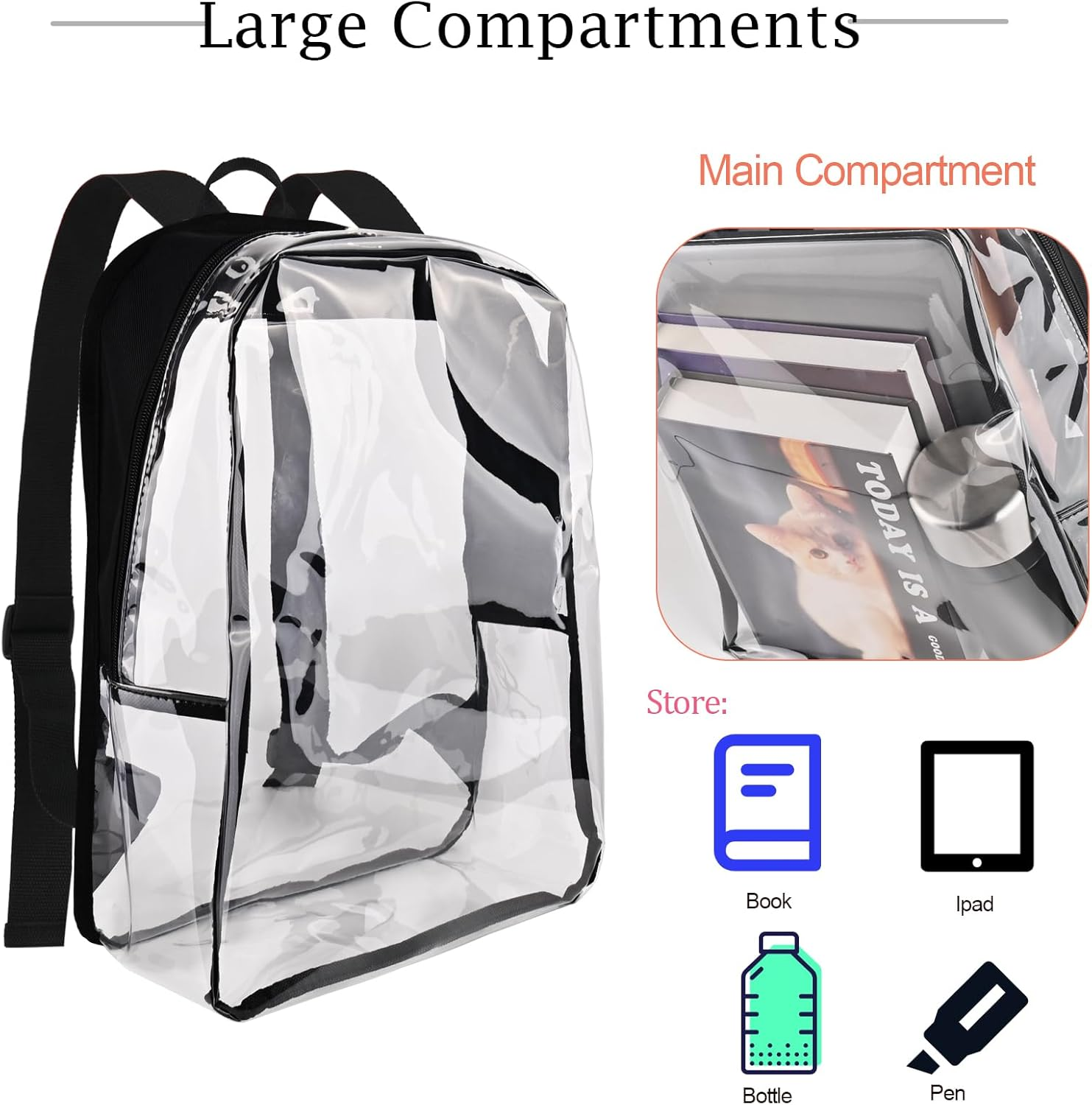 JOMPARO Clear Backpack Plastic See through Bookbag for Kids Adults for School Work Concert Sports, 1S-Black, Medium, Daypack Backpacks - 2S-Black image number 6
