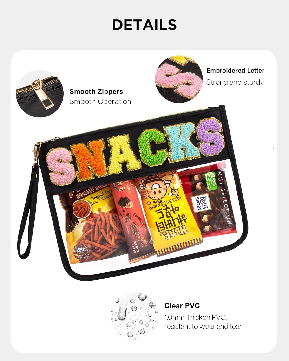 Snack Bag Clear Makeup Bag, Chenille Letter Clear Zipper Pouch Nylon Cosmetic Pouch Organizer Sunscreen Toiletry Bag Waterproof Summer Beach Organizer Travel Gifts for Women Girls (Black Snacks) - Pink Snacks image number 4