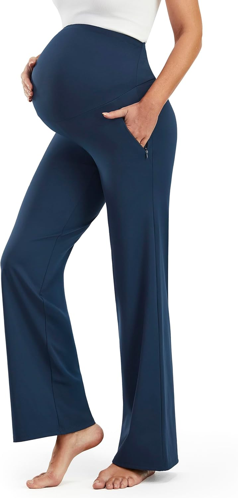 JOYSPELS Smooth Feeling Wide-Leg Maternity Work Pants Soft Pregnancy Yoga Pants with Zippered Pockets over the Belly