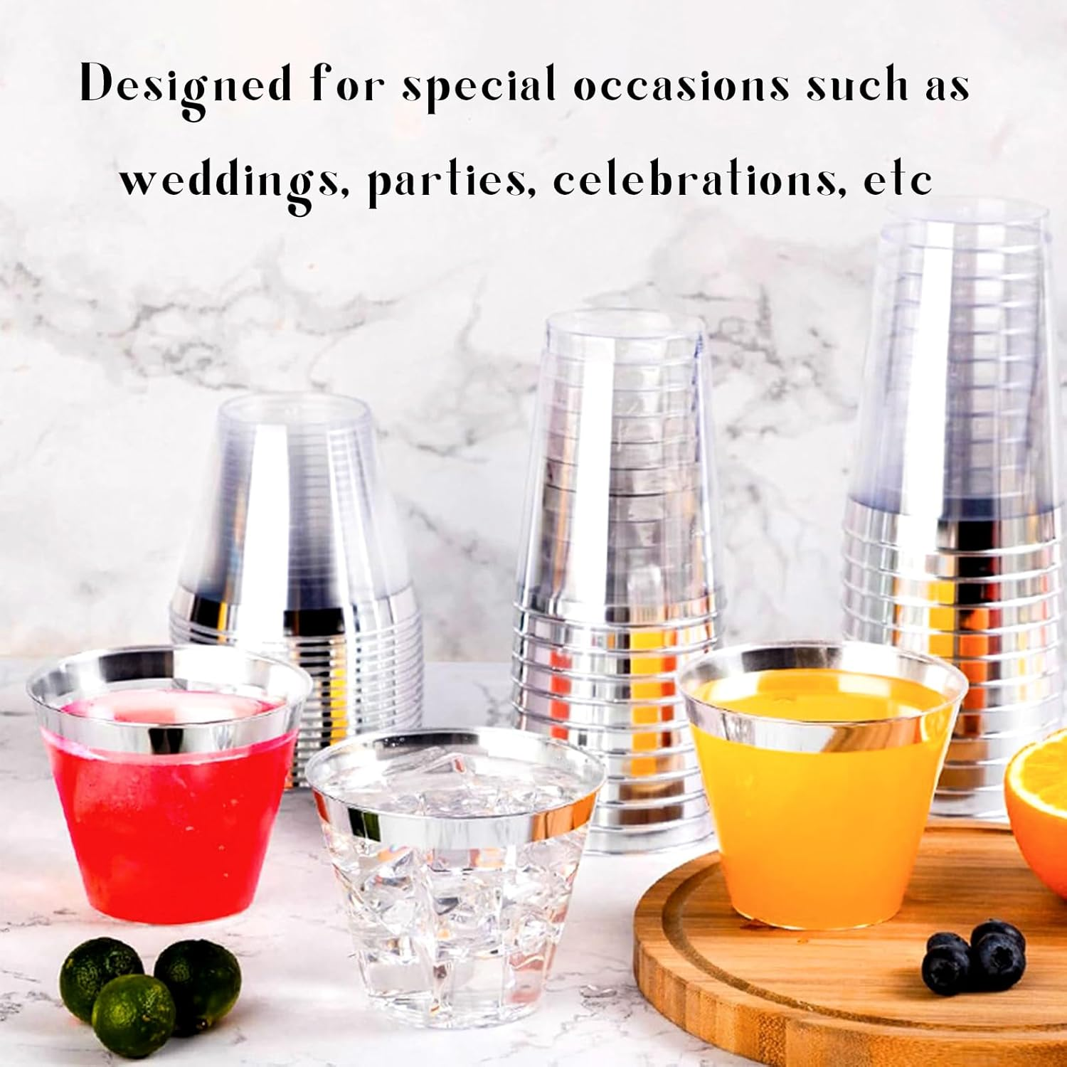 100 Pcs Plastic Cups,Reusable Drinking Cups with Silver Trim,270 Ml Elegant Party Wine Glasses Tumblers Shot Cups Party Cups Plastic for Home Decoration Party Wedding Birthday Camping(9 OZ) image number 1