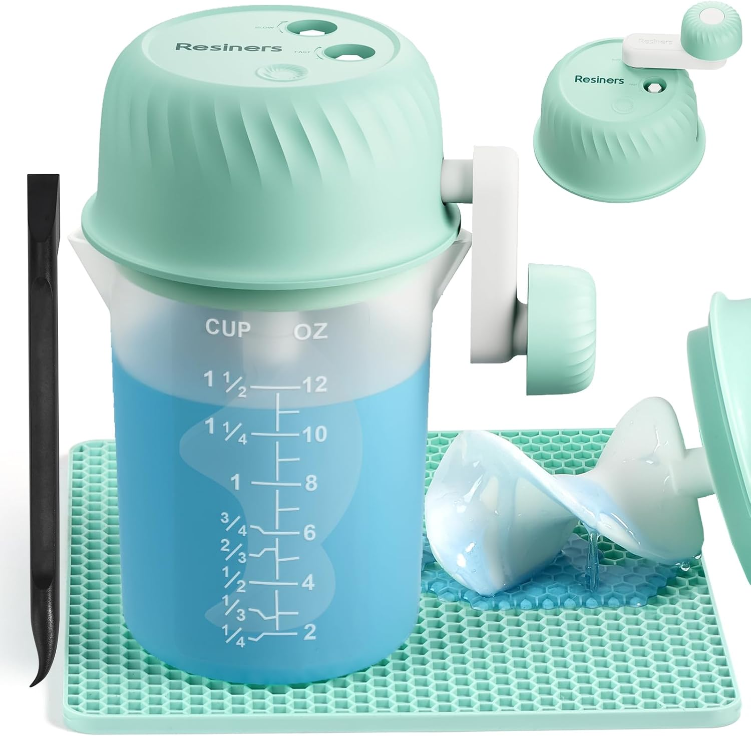 Resiners Resin Mixer, Hand-Crank Epoxy Mixer Paddle Silicone Mat Mixing Cup Kit, 3 Speeds Adjustable, Minimum Bubbles, Easy Clean, Epoxy Resin Stirrer Sticks Tool Supplies for Mold Casting, DIY Crafts