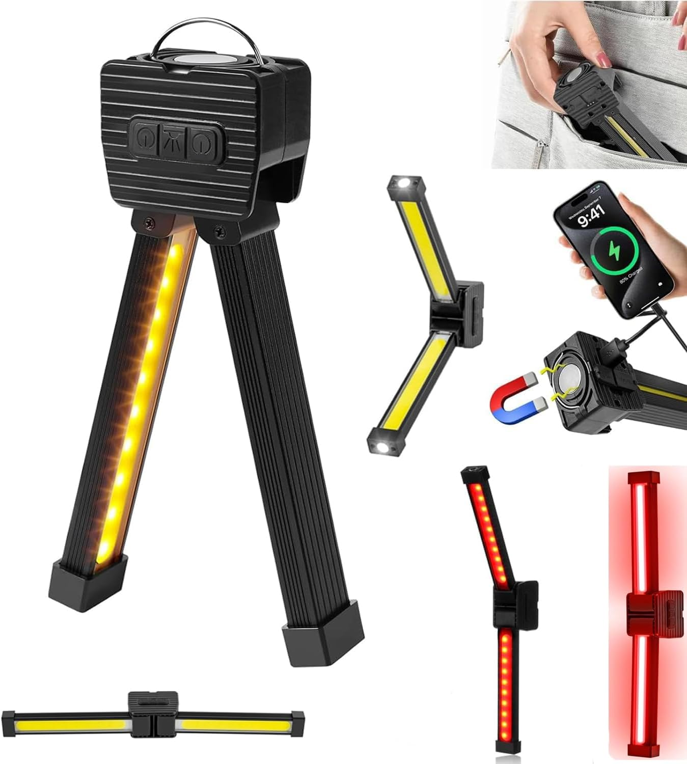 Gym Lamp, Portable Gym Lighting for Posing, Magnetic Work Light Rechargeable, 180&deg; Rotate Foldable with Hang Hook Camping Lamp, LED Handheld Flashlight, for Mechanics Car Repair, Home, Garage image number 2