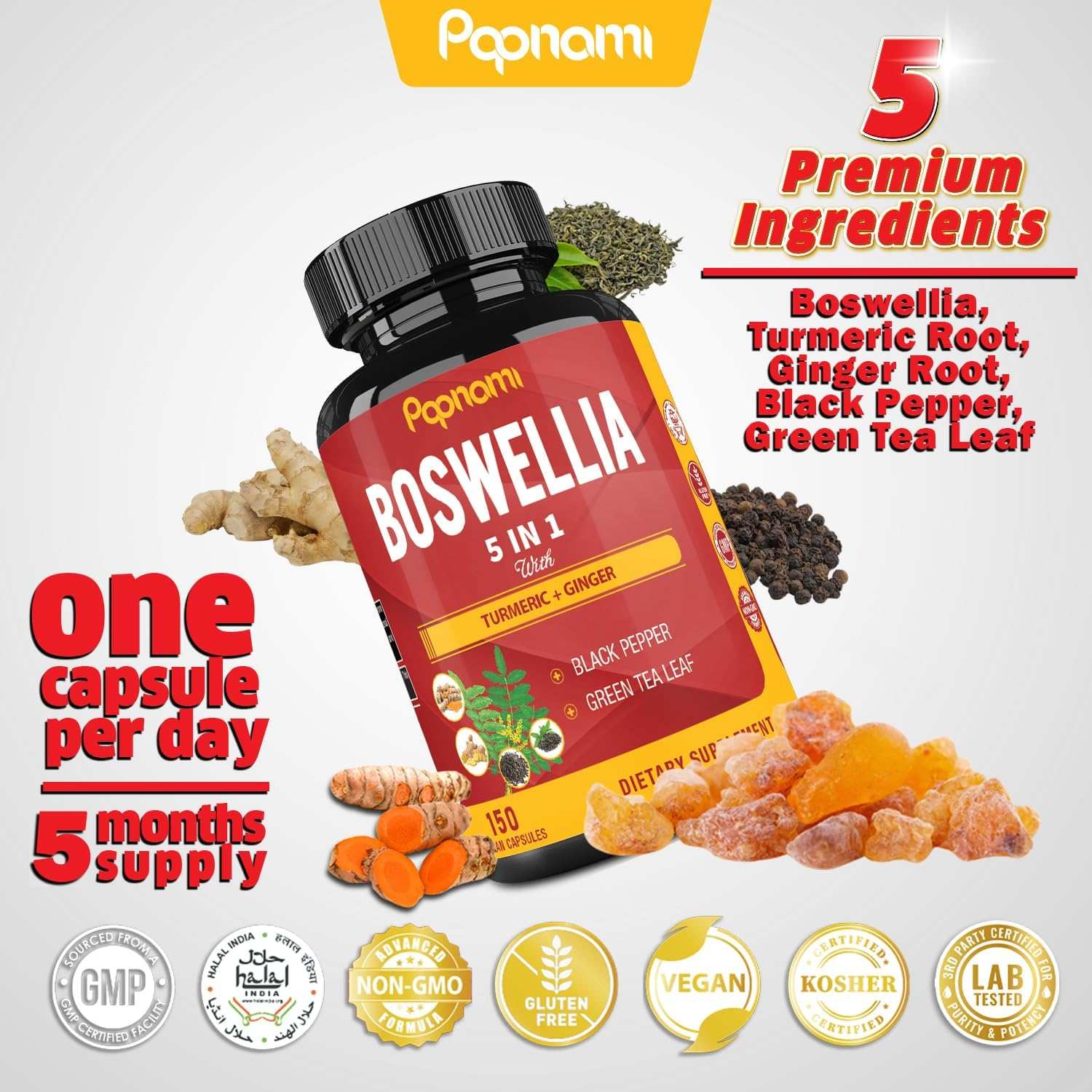 Organic Boswellia Serrata Capsules, 5 Months Supply & Turmeric Curcumin, Ginger, Black Pepper, Green Tea - 150 Vegan Capsules image number 5