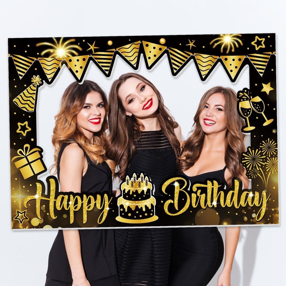 Happy Birthday Photo Frame Prop, Black and Gold Party Decoration, 70 X 50 Cm image number 1