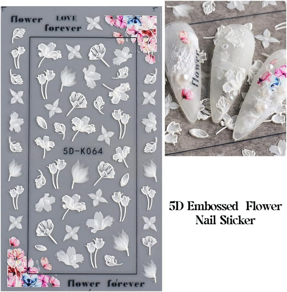 White Flower Nail Art Sticker Decals 5D Self-Adhesive Luxurious Nail Art Decoration Exquisite Pattern Nail Art Supplies White Feather Lace Flower Leaf Carving Design DIY Acrylic Nail Art, 3 Sheet image number 2