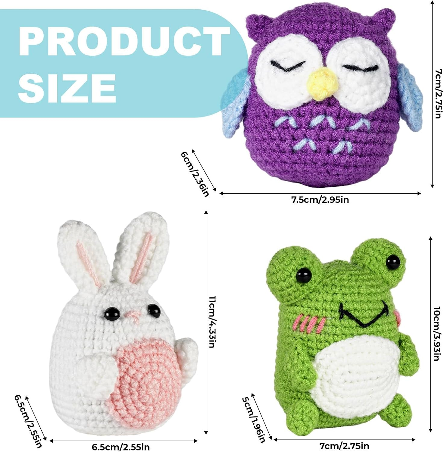 Roseflower Crochet Kit for Beginners, Easy Crochets Starter Kits with Step-By-Step Video Tutorials, DIY Craft Knitting Crochet Animals Set for Adult - 3 Pack Frog Owl Rabbit - C02 image number 4