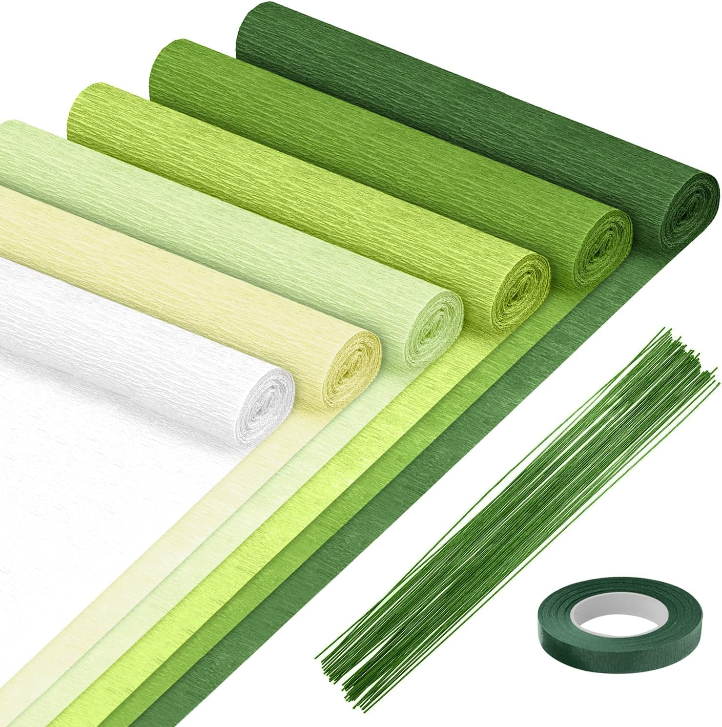 Crepe Paper 8 Rolls Wide Crepe Paper Streamers 10 Inch X 8 Feet Artificial Floral Arrangements DIY Flower Making Kits Green Floral Tape and Wire for Wedding Festival Party Decorations Craft Supplies