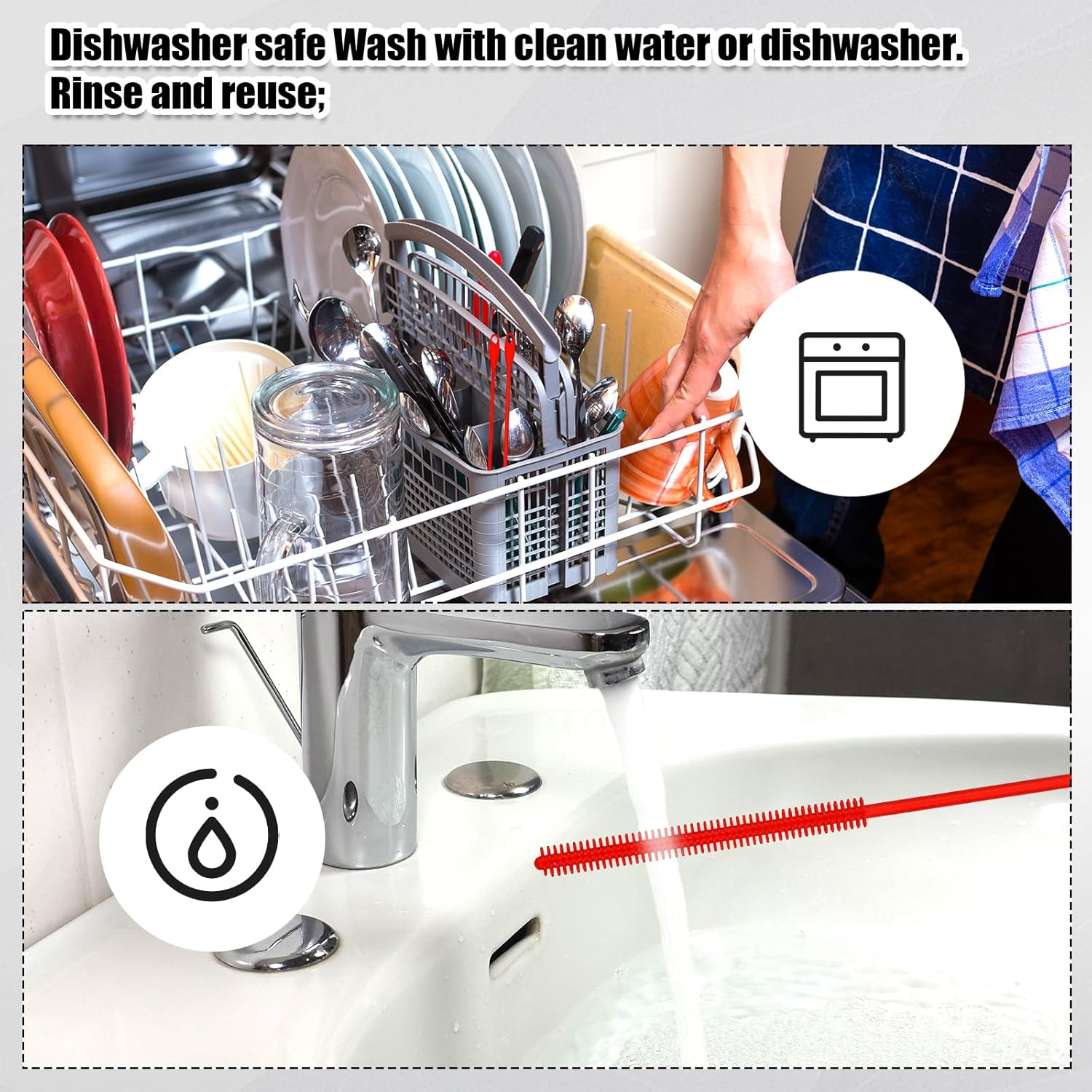 2Pcs Silicone Straw Brushes, Extra Long Straw Cleaning Brush Reusable Travel Drinking Bottle Straw Cleaner Bendable Crevice Brush Pipe Cleaners for Smoothie Straw Washing, Red (6Mm+8Mm) image number 1