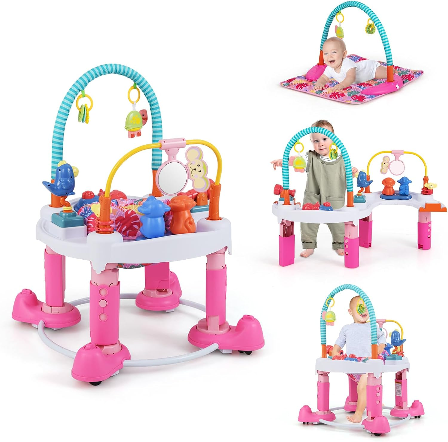 INFANS Baby Bouncer Activity Center, 5 in 1 Toddler Bouncing Activity Saucer Playtime Mat Activity Table with 360&deg;Rotating Seat, 3 Adjustable Height, Foldable Exersaucer Learning Walker (Light Grey) - Light Pink