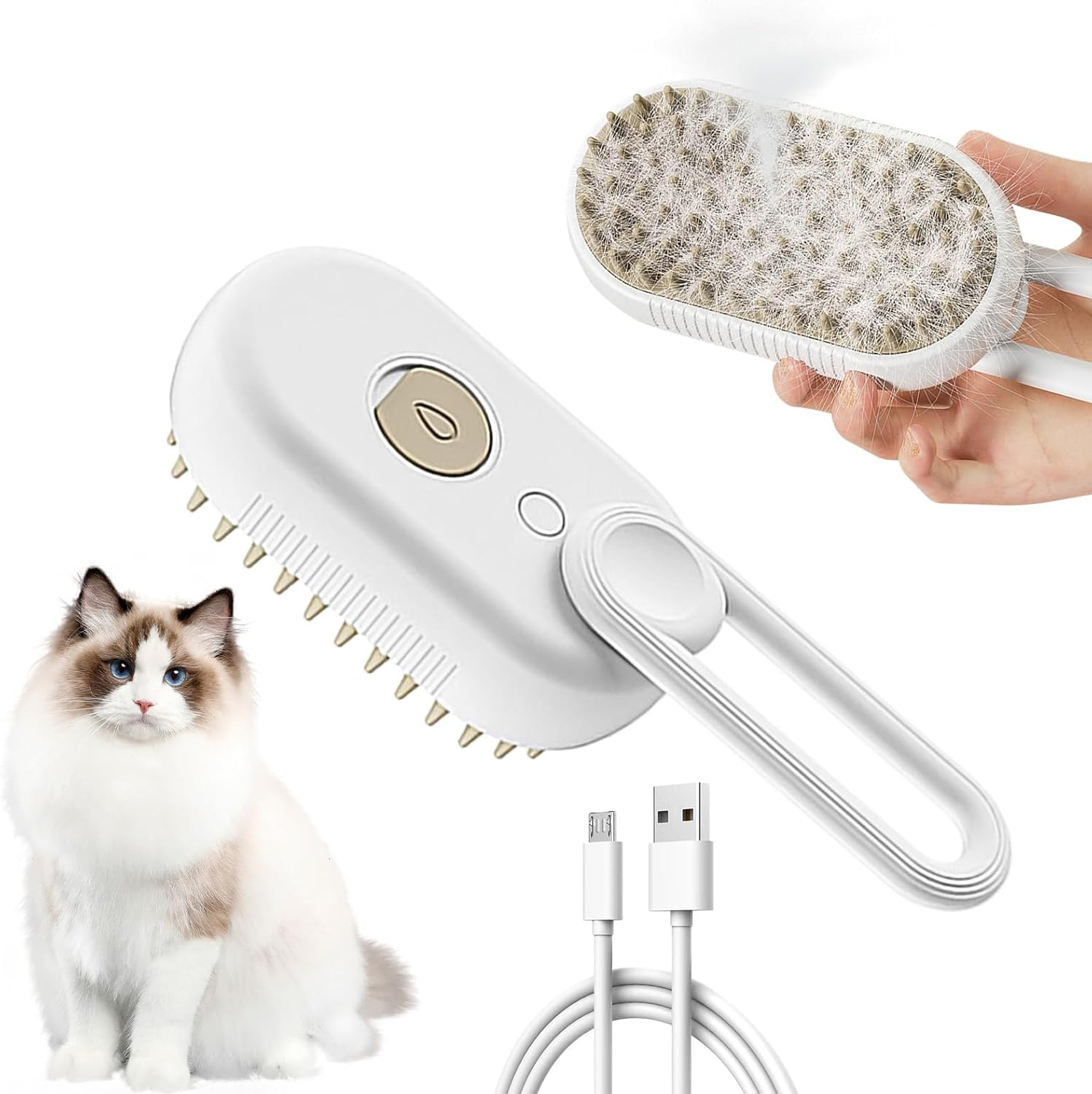 Cat Steam Brush for Cat and Dog, Rechargeable Pet Steam Groomer Comb with 360&deg; Rotating Handle, Steamy Cat Grooming Brush for Pet Long Haired & Short Haired Shedding image number 4