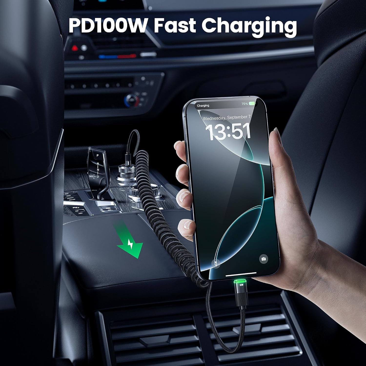 Toocki 100W USB C Coiled Cable, 2Pack 1.2M Type C Coiled Cable with Data Sync LED Indicator for Carplay, Compatible with Iphone 17 16 15 Pro plus Max Air, Ipad, Macbook Pro,Galaxy S25/S24 image number 6