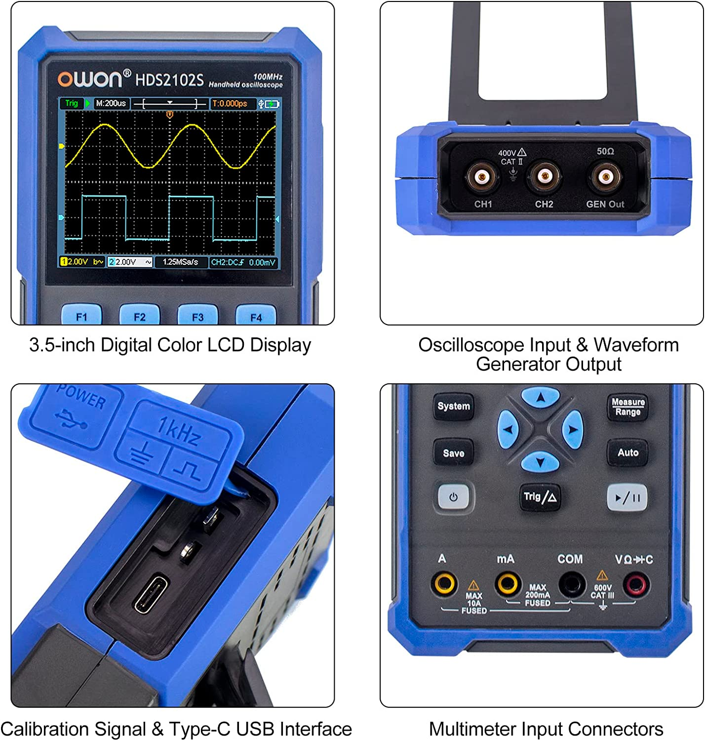 OWON HDS2102S 2CH Handheld Oscilloscope 100Mhz Bandwidth 20000 Counts Multiumeter OSC + DMM + Waveform Generator image number 1