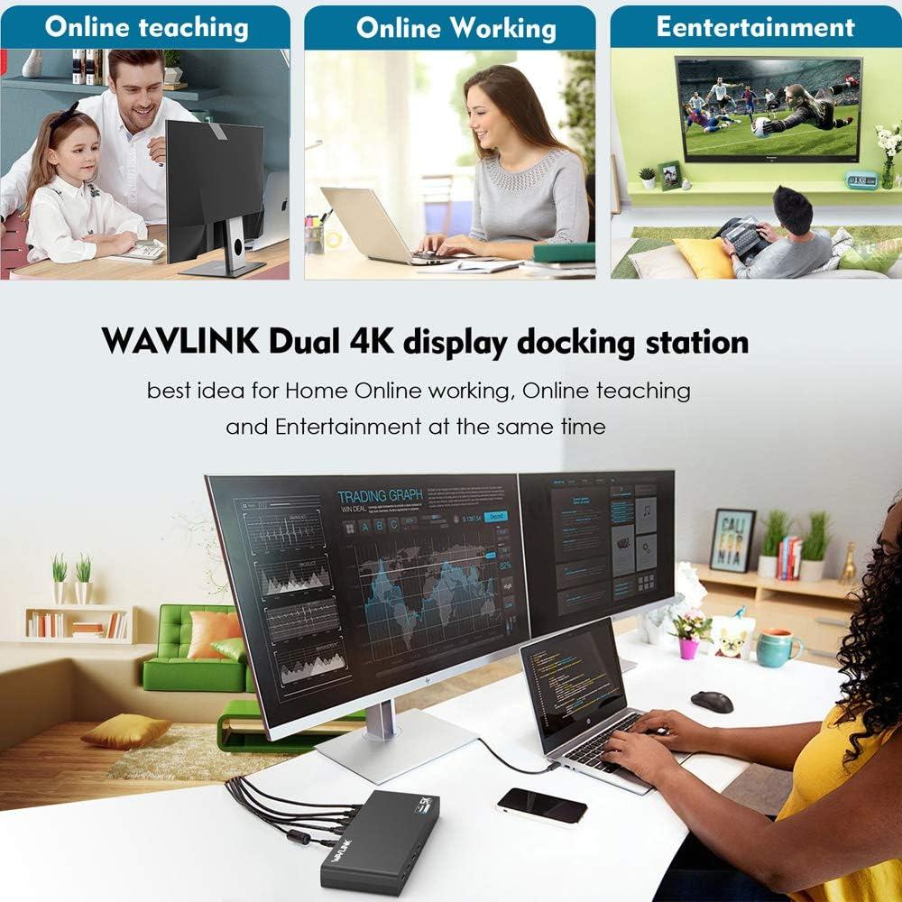 WAVLINK Displaylink Universal 15-IN-1 Laptop Docking Station, Single 5K/ Dual 4K Video Outputs(2 DP,2 Hdmi,Lan,Audio,6 USB 3.0 Port), Support for Specific Windows,Xp and Mac Os-Not Support Charging PC image number 3