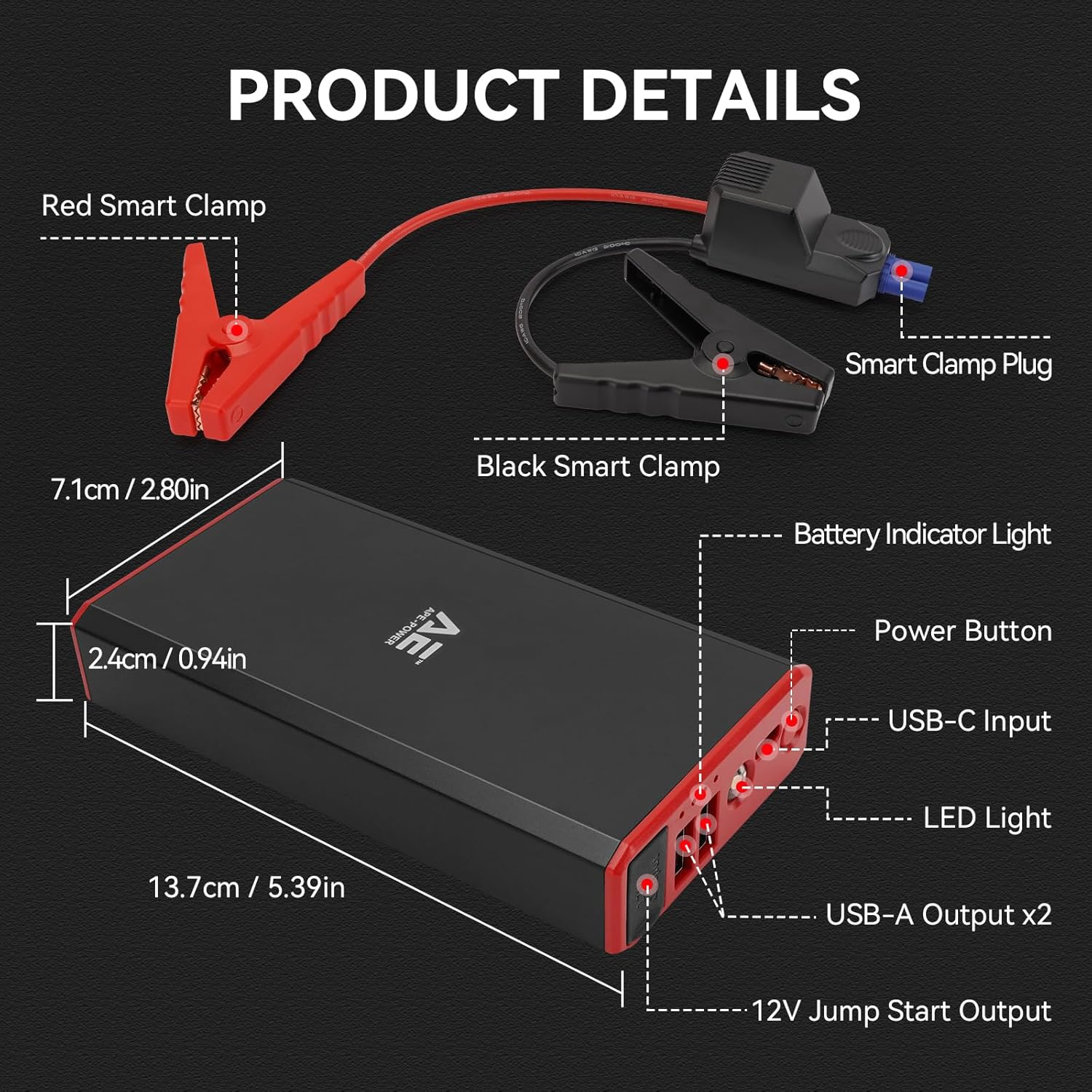 AE APE-POWER 8000Mah Car Jump Starter & Portable Charger - 1000A Peak, 29800Mah Power Bank, USB-A/C, LED Light, Safe Cables, for 5.0L Gas & 3.0L Diesel Engines image number 2