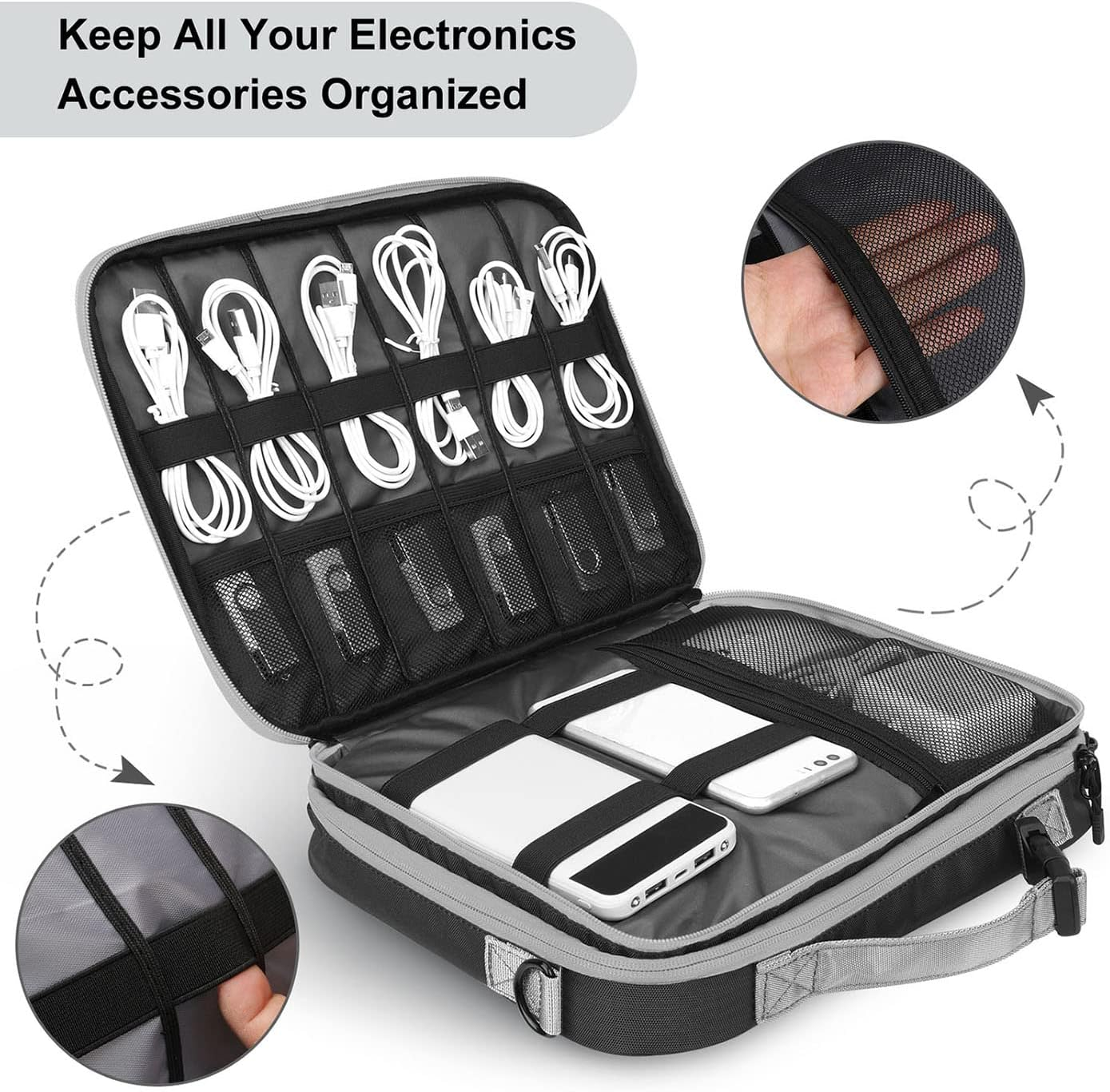 Double Layer Travel Cable Organizer Bag, Storage for Switch,Electronic Bag for 11.6&rsquo;&rsquo;Laptop,Table -Gray with Black image number 1
