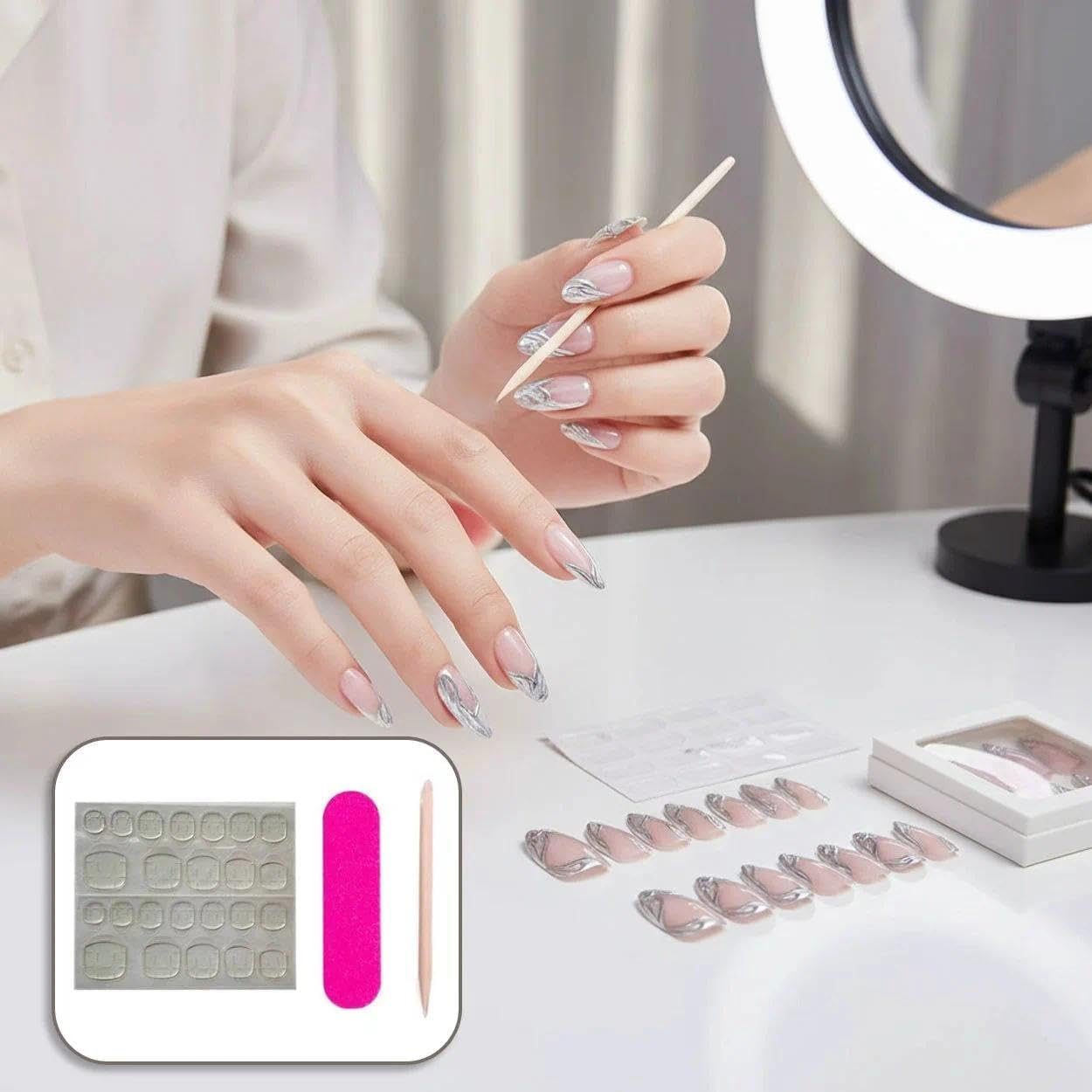 Kivano Almond Press on Nails with French Tip Design, Reusable False Nails Kit for Manicure at Home - 24 Pcs in 12 Sizes, Easy to Apply, Salon Style - Kivano image number 4