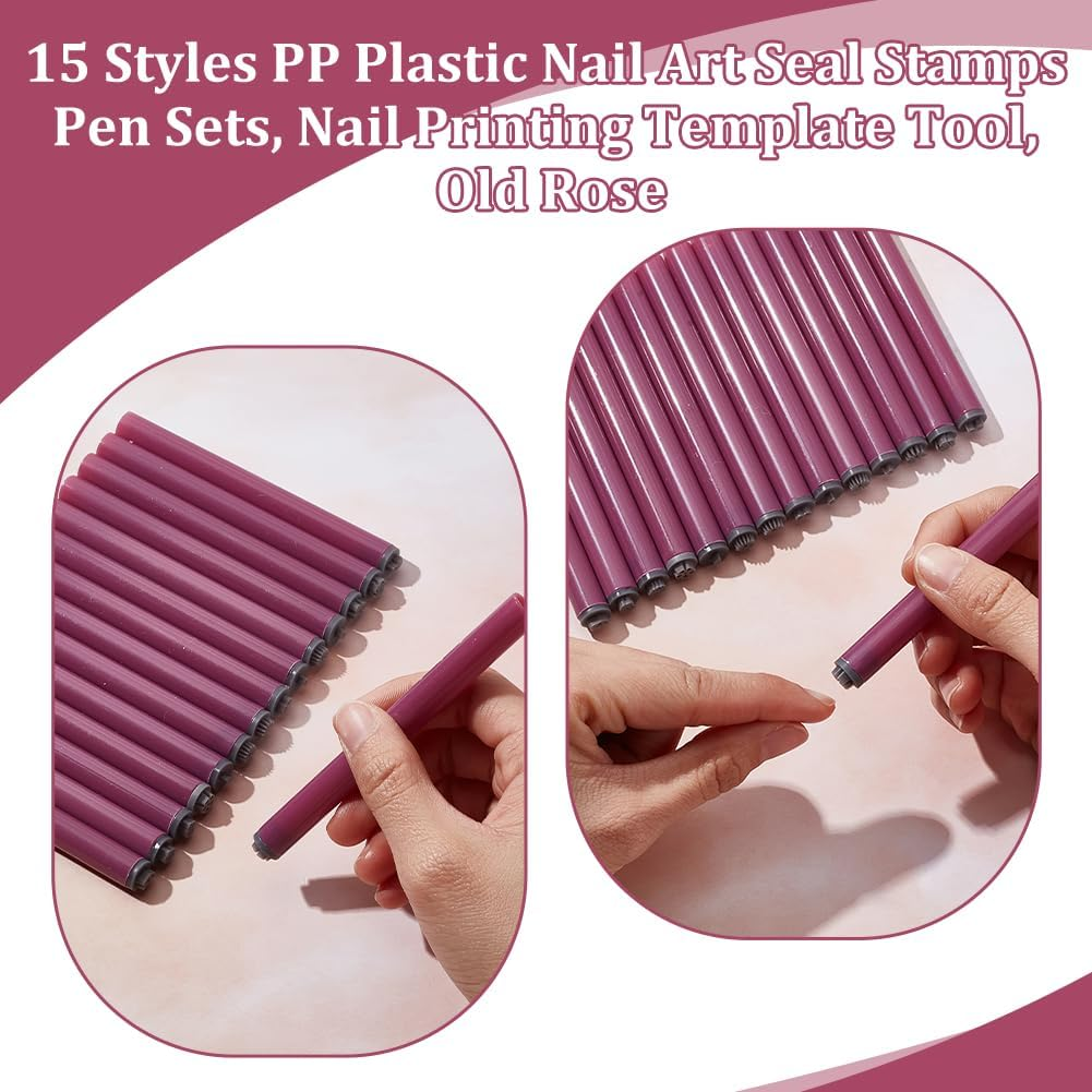 UNICRAFTALE 15Pcs 15 Styles Nail Art Stamp Pen Set Nails Flower Design Stamping Pen Plastic Nail Art Stamp Pen Nails Dot Tool Various Patterns DIY Printing Template Tool for Women image number 2