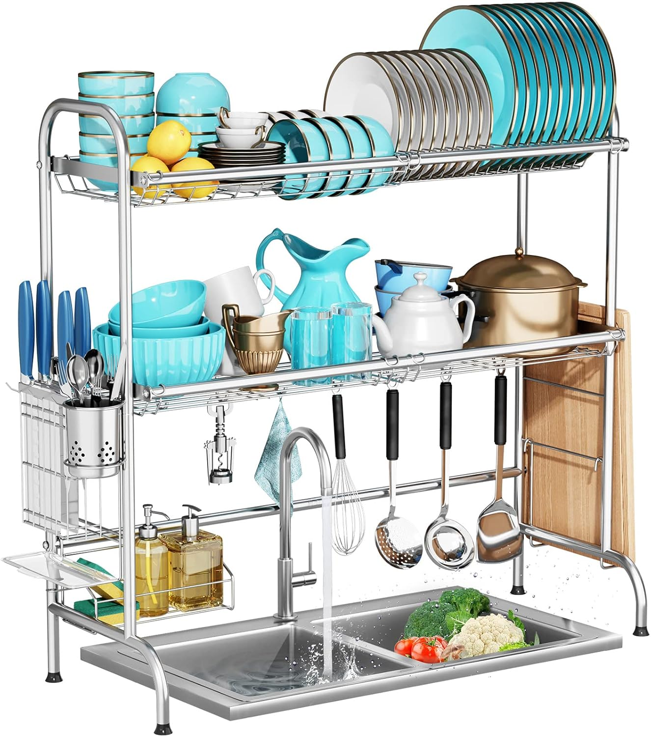 Over the Sink Dish Drying Rack, Sandream 2 Tier over Sink Dish Rack, Stainless Steel Sink Drying Rack with Utensil Holder, Large Capacity Dish Drainer for Kitchen Counter, Silver (Fit Sink&le; 81Cm/32)