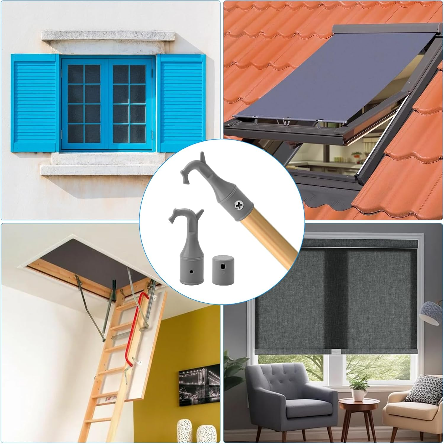 APOMOONS Pack of 2 Attic Hooks, Roof Window Stick Hooks with Non-Slip Base, Floor Stairs Replacement Parts for Window Opener Rod, Grey Pull Hooks for Floor Stairs (25 Mm) image number 4