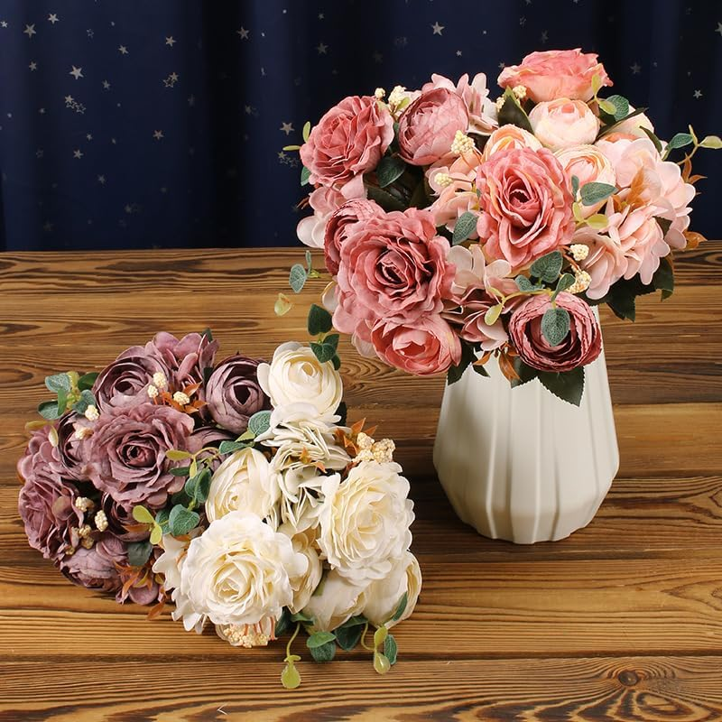 AU018-4 Artificial Hydrangea and Camellia Flowers Pink Bouquet Lifelike Fake Floral Home Office Shop Wedding Party Decor,Real-Touch Fabric and Plastic,29Cm(11.4") - Pink image number 6