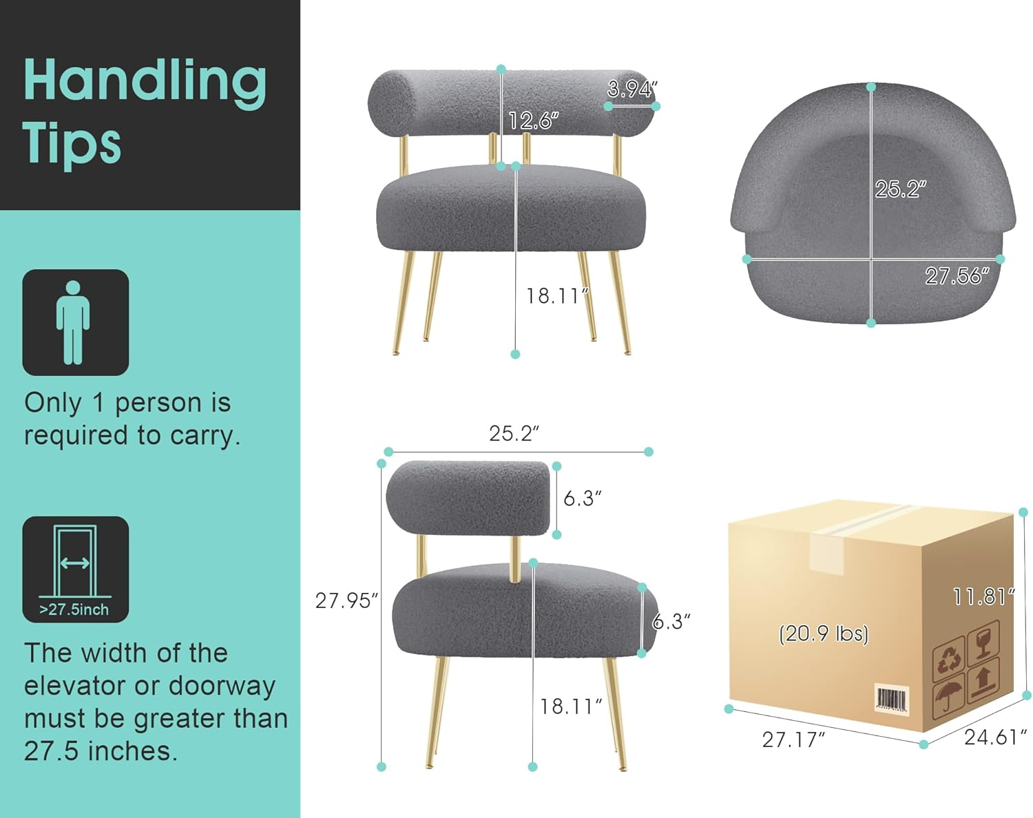SEYNAR Mid Century Sherpa Boucle Accent Chair, round Upholstered Barrel Arm Chair for Small Spaces, Fluffy Side Corner Sofa Armchair for Living Room, Bedroom, Vanity, Office, Reading Nook(Grey) - Gray image number 6