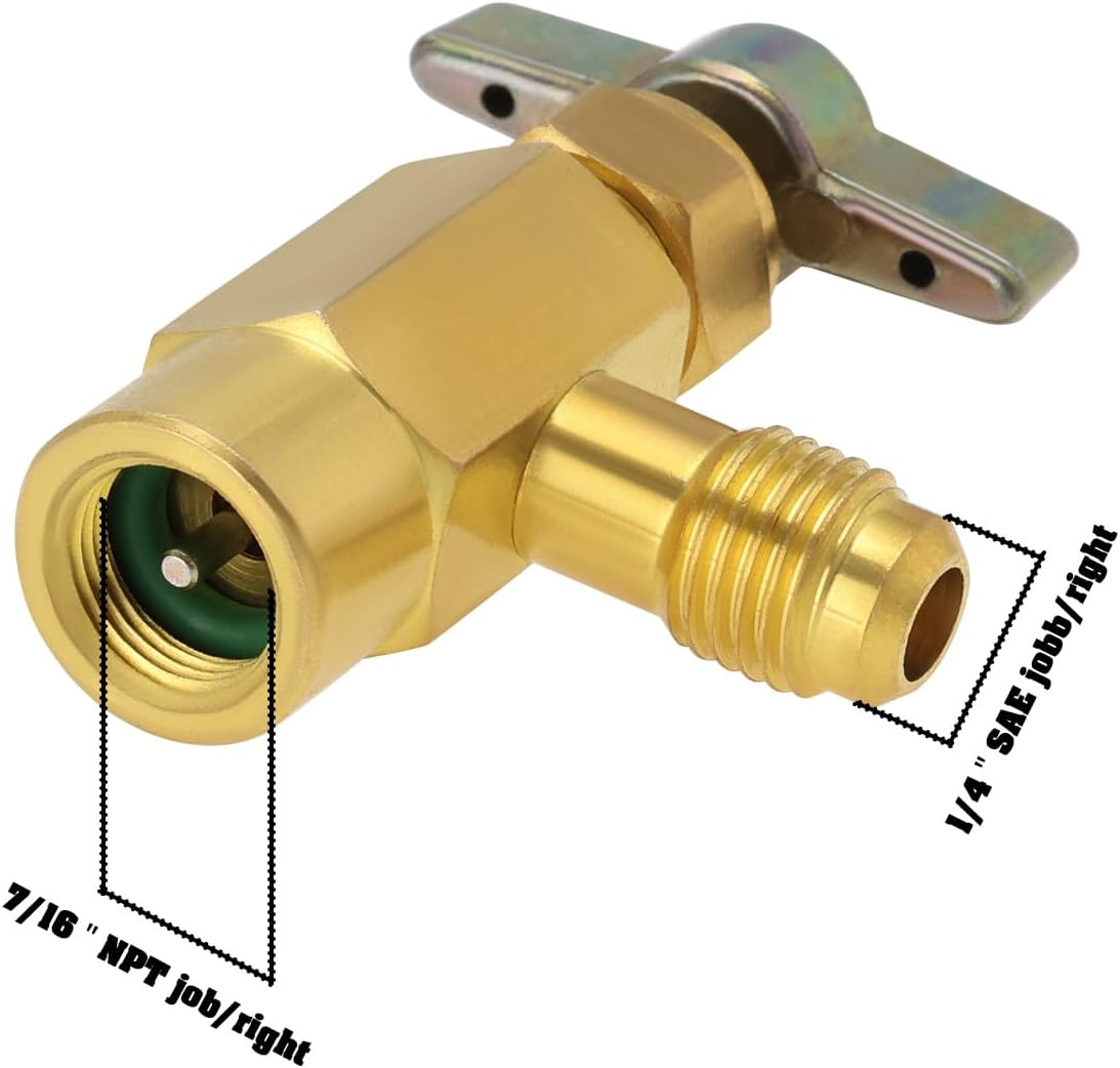 YINETTECH R600A Refrigerant Valve Bottle Opener Brass 7/16" Female Thread to 1/4" SAE Male Thread Self-Sealing Can Tap Adapter for Air Conditioning Refrigerant image number 4