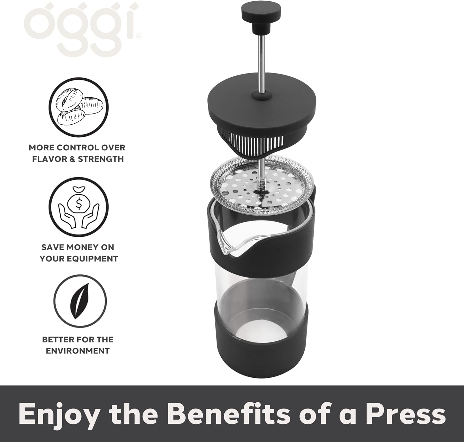 Oggi French Press Coffee Maker (12Oz)- Borosilicate Glass, Coffee Press, Single Cup French Press, 3 Cup Capacity, Black image number 5