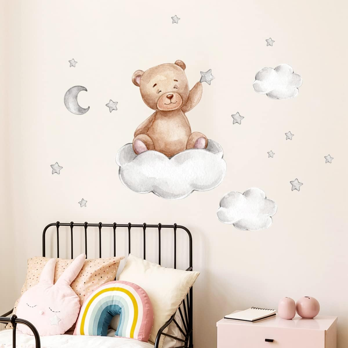 Set of 2 Cartoon Cute Bear Moon and Stars Wall Stickers PVC Stick Wall Sticker Mural Removable Self-Adhesive Wall Decal for Kids Baby Room Bedroom Nursery Playroom Home Decor image number 2