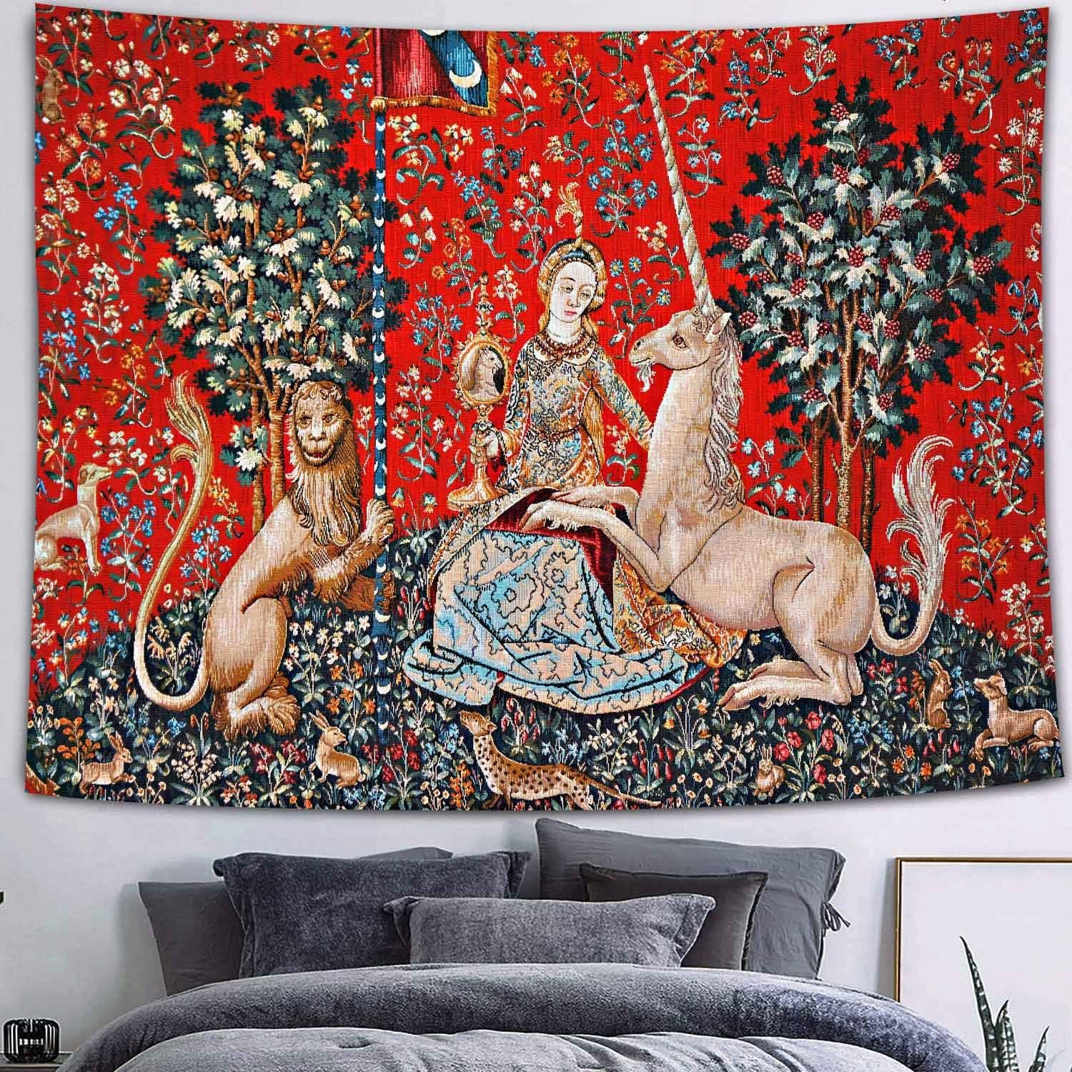 FEASRT Medieval Lady Tapestry European Royal Tapestry Lady and Unicorn Tapestry for Bedroom Living Room Apartment Dorm Decor Wall Hanging Tapestries 80X60 Inches GTDSAY76