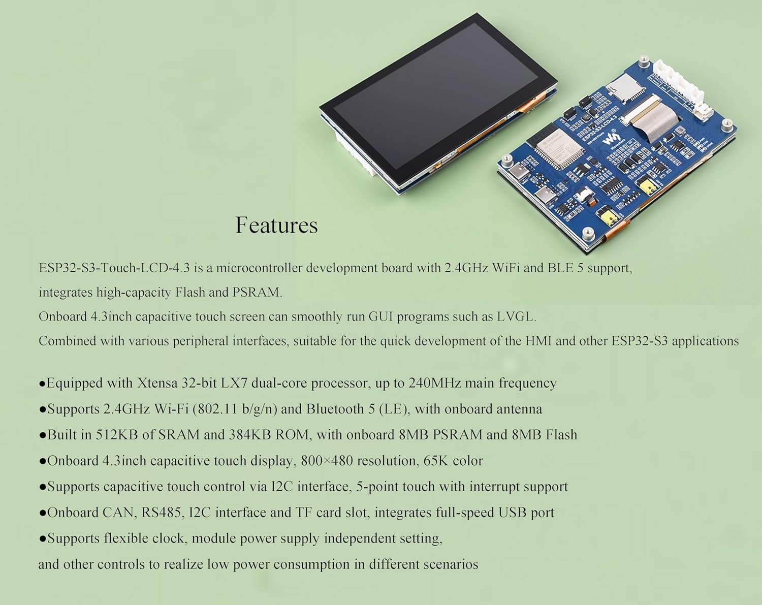 Waveshare ESP32-S3 4.3Inch Touch Screen Development Board 5-Point Capacitive Display 800X480, 32-Bit LX7 Dual-Core Processor, Support 2.4Ghz W I-Fi and BLE 5, Onboard CAN RS485 I2C Interface image number 1