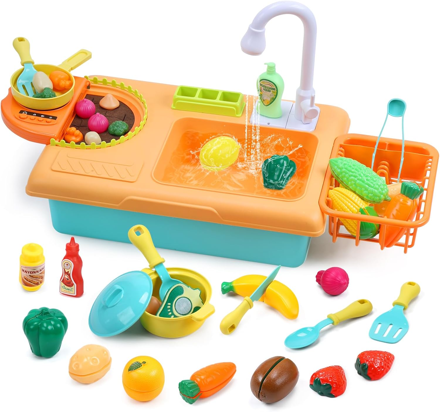 CUTE STONE Play Sink with Running Water, Toddler Sink Toy with Upgraded Electric Faucet, Play Kitchen Accessories, Cooking Stove, Vegetable Garden Toys, Learning Kitchen Toys for Kids