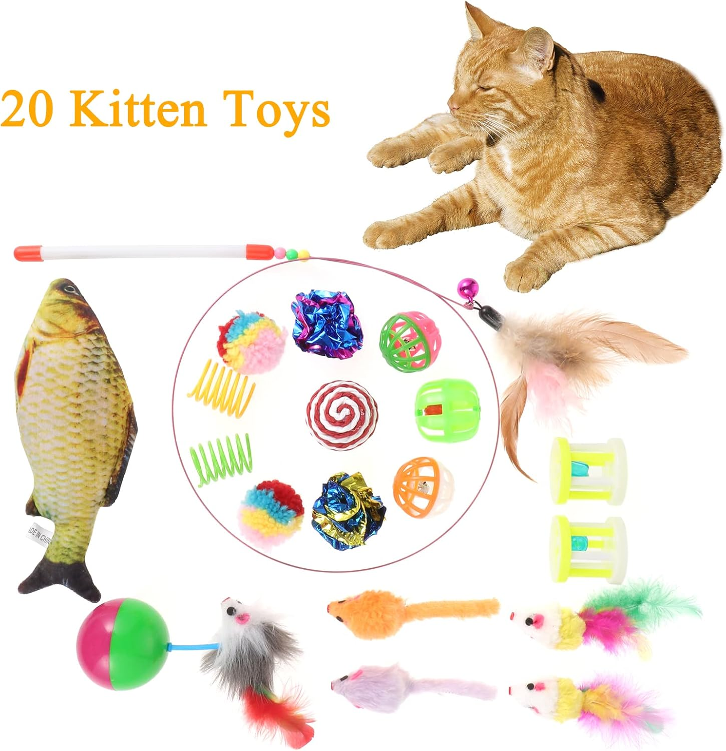 Coolty Pack of 20 Cat Toys with Cat Tunnel Jingle Bell Balls Catnip Fish Cat Toy Mice Feather Toy Plush Toy Interactive Cat Toy for Cats Kittens image number 5