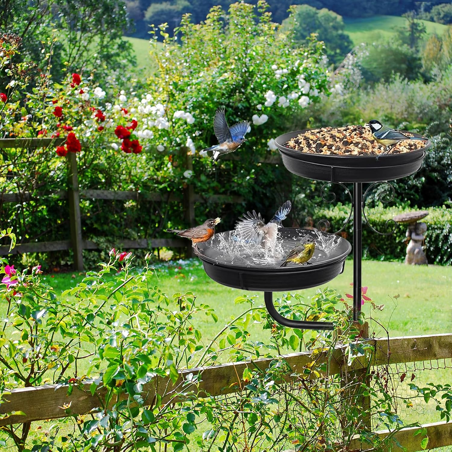 Heavy-Duty Metal Stake Bird Bath: Removable Outdoor Feeder & Spa for Garden, Lawn - Standing Design (Black) image number 1