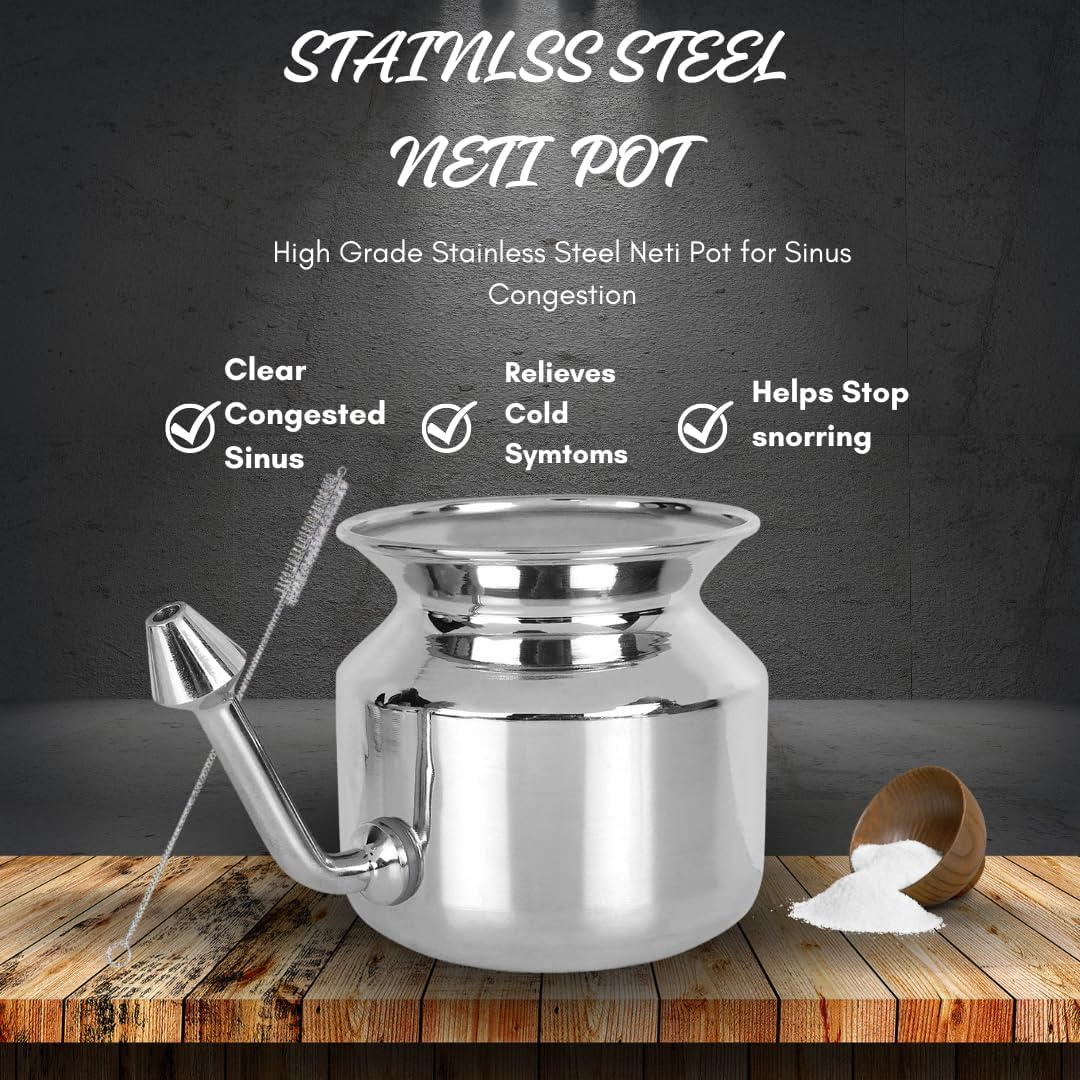 304 Grade Stainless Steel Ayurvedic Jal Neti Pot for Sinus Congestion and Nasal Cleansing Non-Corrosive Unbreakable Hygienic Smooth Nose Tip Snugly Fits