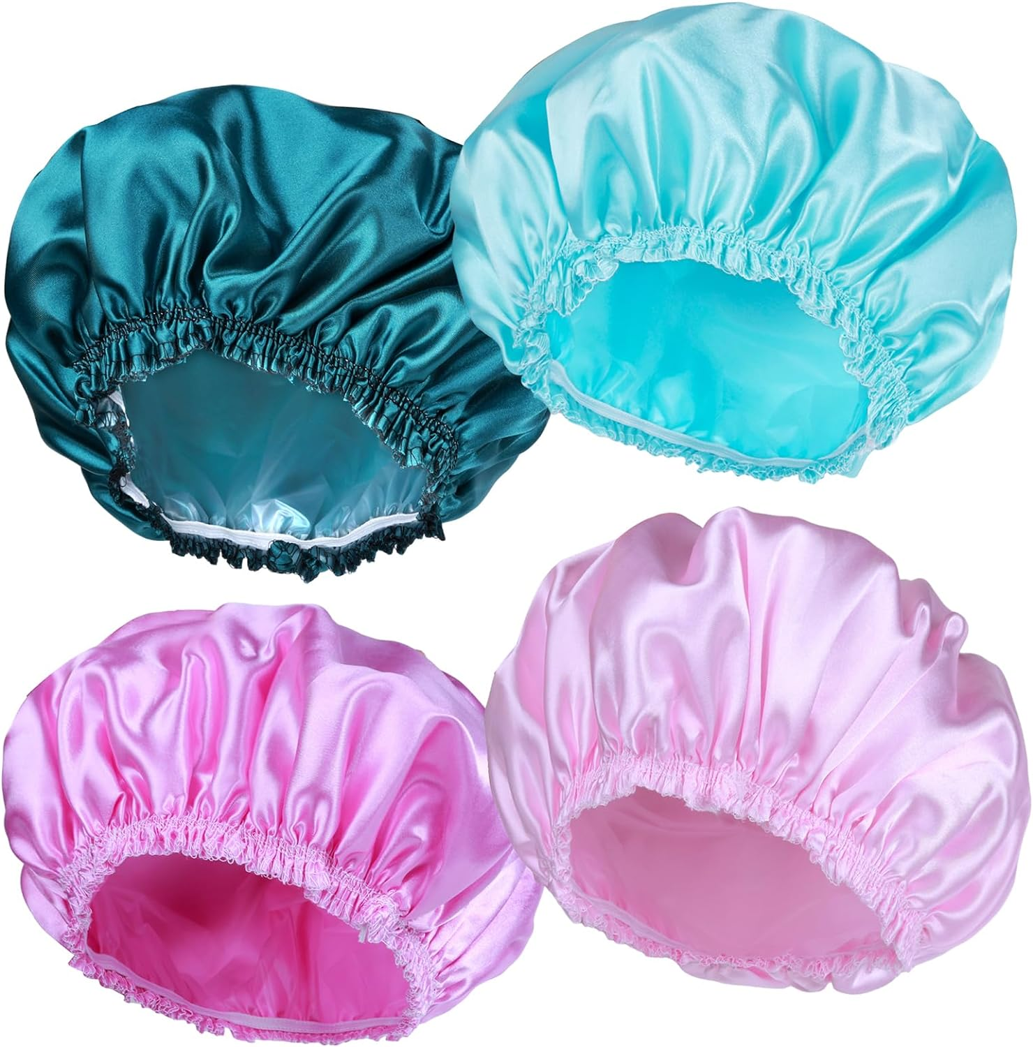 Shower Caps for Women, 4 PCS Elastic and Reusable Bath Caps, Double Waterproof Layers Shower Cap, Bathing Shower Caps, Environmental Protection Hair Bath Hat - Solid Color - Floral image number 5