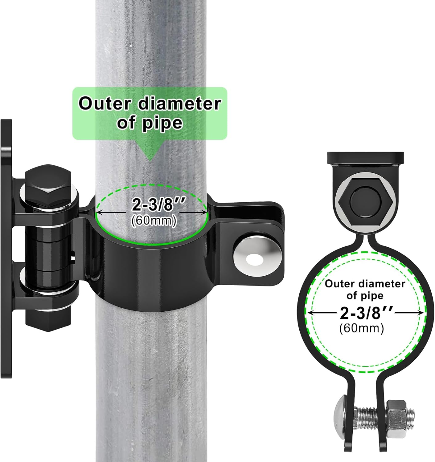 Gate Hinges Heavy Duty Carbon Steel Chain Link Fence Parts Electroplated Finish, Removable Bolts for Wall Mount, Fits 2-3/8'' Outer Diameter Pipes/Posts for Farm, Fence Gate (4Pack, Black)