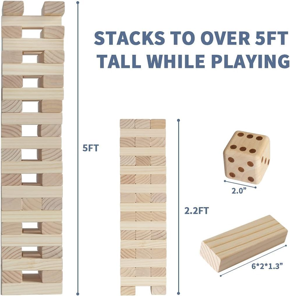 Megwoz Giant Tumble Tower, Stacking Backyard Game with 1 Dice|Scoreboard| Carrying Bag, Premium Pine Wooden Block Game Set for Kids Adult Family- 48 Pieces (1.5Ft to over 3.5Ft ) image number 1