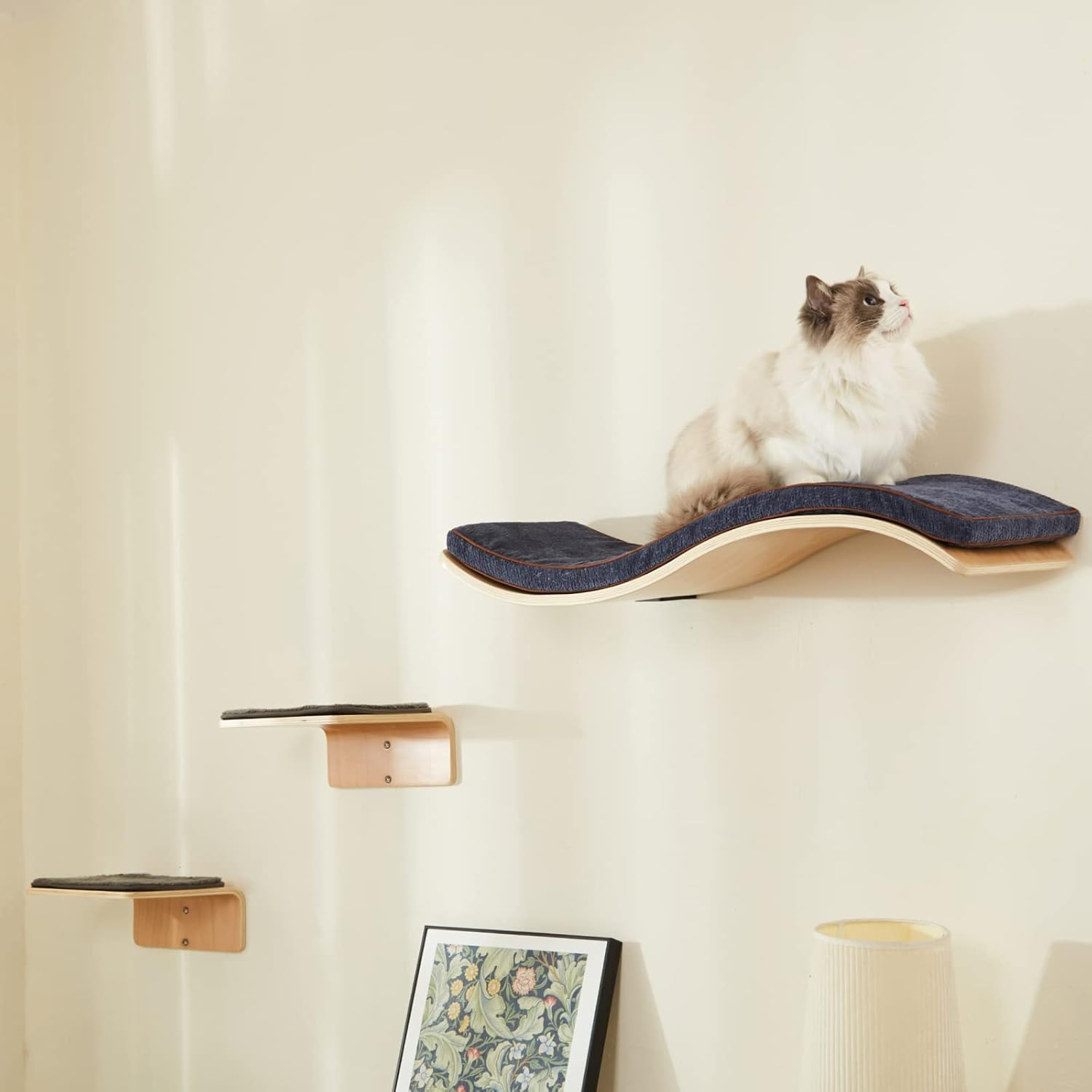 LIORCE Cat Wall Shelf with Two Steps - Wave Cat Shelves and Perches for Wall - Wall Mounted Cats Furniture for Sleeping, Playing, Climbing, and Lounging image number 2