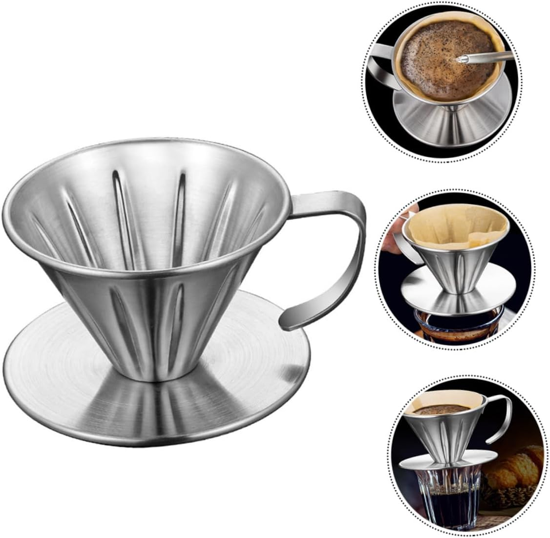 Stainless Steel Coffee Filter and Tea Strainer, Reusable Handheld Drip Filter Funnel with Non-Slip Base for Home Brewing and Tea Making image number 5