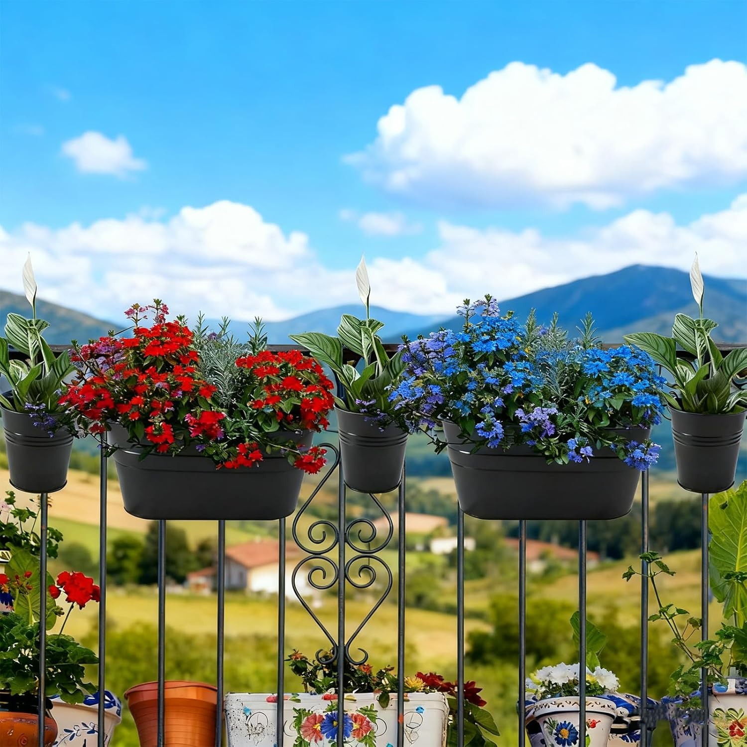 10.5 Inch Rust-Resistant Iron Suspended Planters with Railing Mount for Rustic Style Window Plant Holder Featuring Detachable Hooks, Easy to Install for Patio and Garden, 10.5 Inch, Black, 5 Pack image number 2