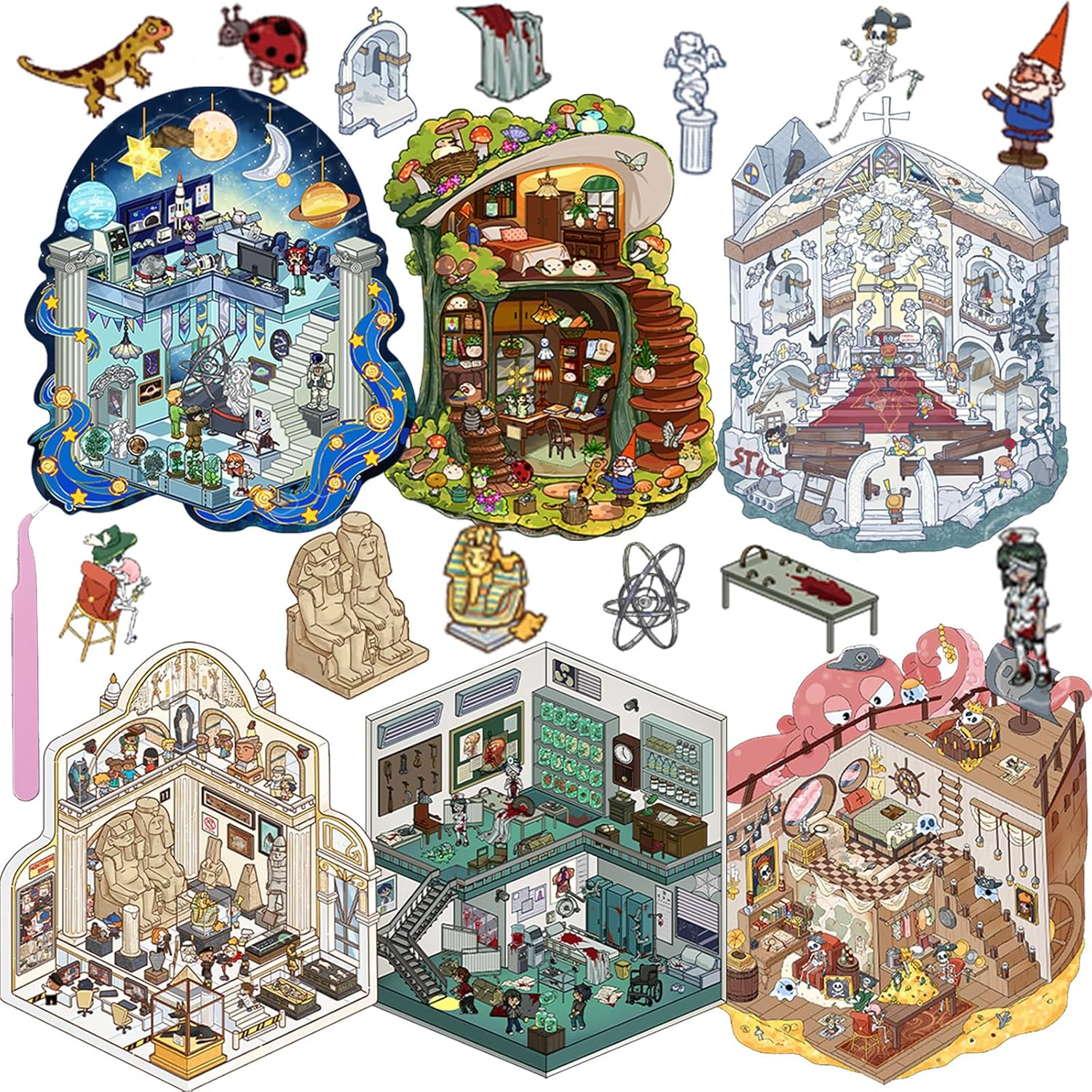 DIY 3D Scene Sticker 6 Sets Make Your Own Mini Mysterious House Stickers for Adults Cute Cartoon Animal Sticker for Adult Relief Stress Pass the Time (Mysterious and Terrifying)