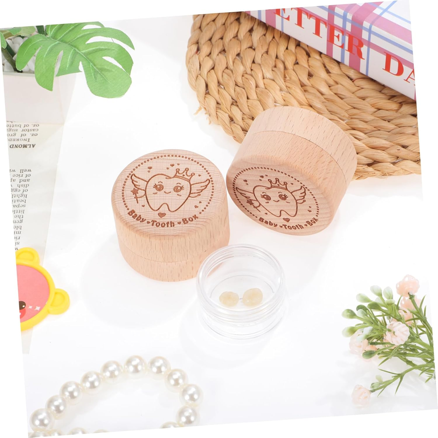 ULTECHNOVO 4Pcs round Wood Storage Box Multipurpose Keepsake Box Lid Tooth for Boys and Girls Decorative Trinket image number 3