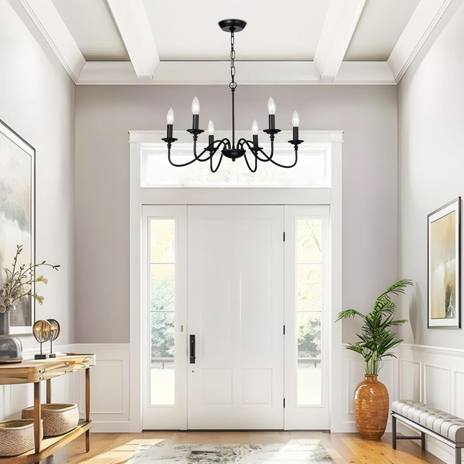 Black Farmhouse Chandelier 6-Light Candle-Style Chandeliers with Adjustable Chain, Rustic Metal Ceiling Light Fixture for Dining Room, Kitchen, Living Room or Entryway, E14 Base image number 2